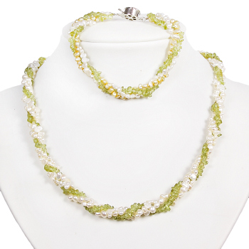 Armkette + Halskette 7013 - Süßwasserperlen & Peridot